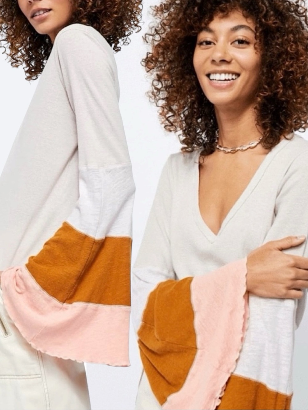 Free People Retro 70s Bohemian Bell Sleeve Neutral V Neck Top Small Linen NWT - Picture 3 of 15